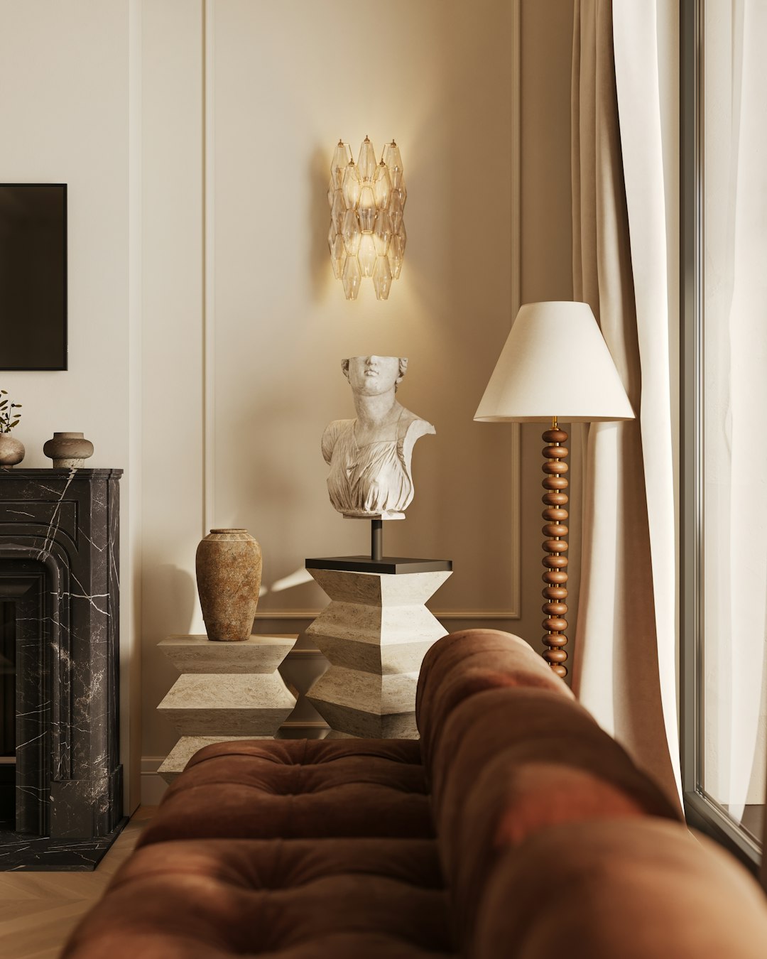 由 Maverick Frame 拍摄的 elegant living room with a classic bust and tufted sofa HB7K 高清图片 - 精选主题 | PictureHub