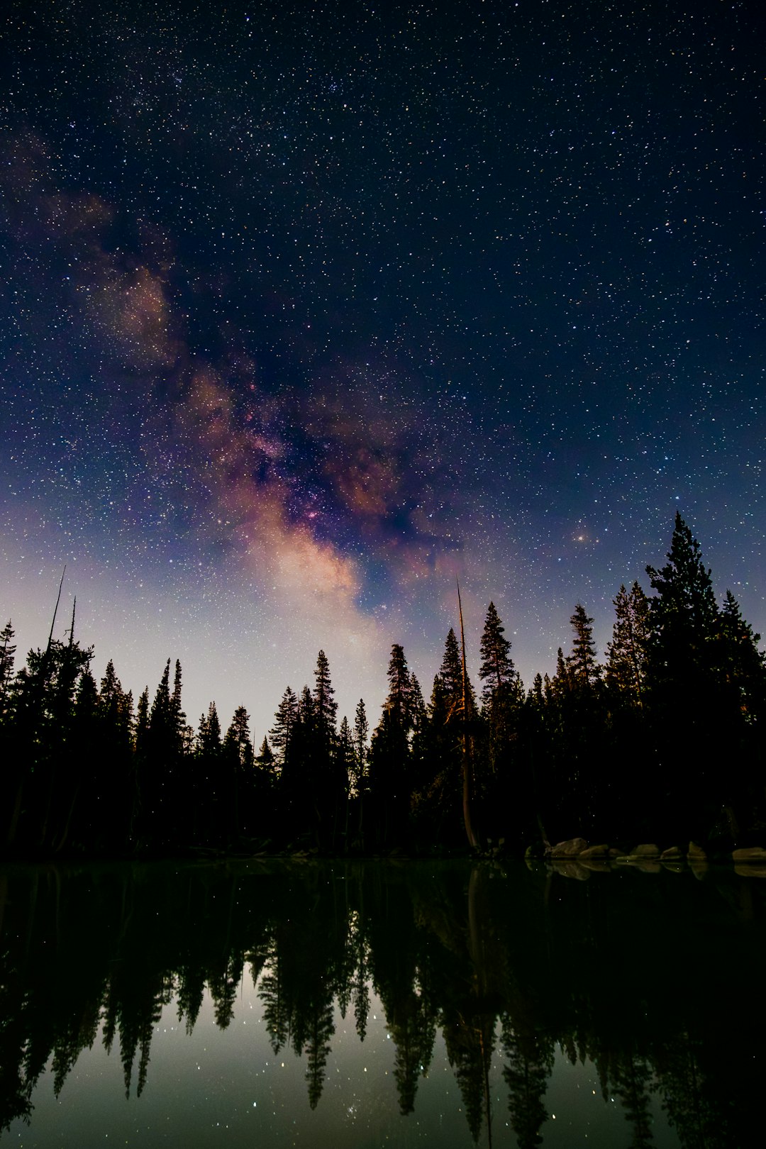 Foto ad alta risoluzione di via lattea sopra la foresta riflessa in un lago tranquillo scattata da Gantavya Bhatt in Scelto | PictureHub